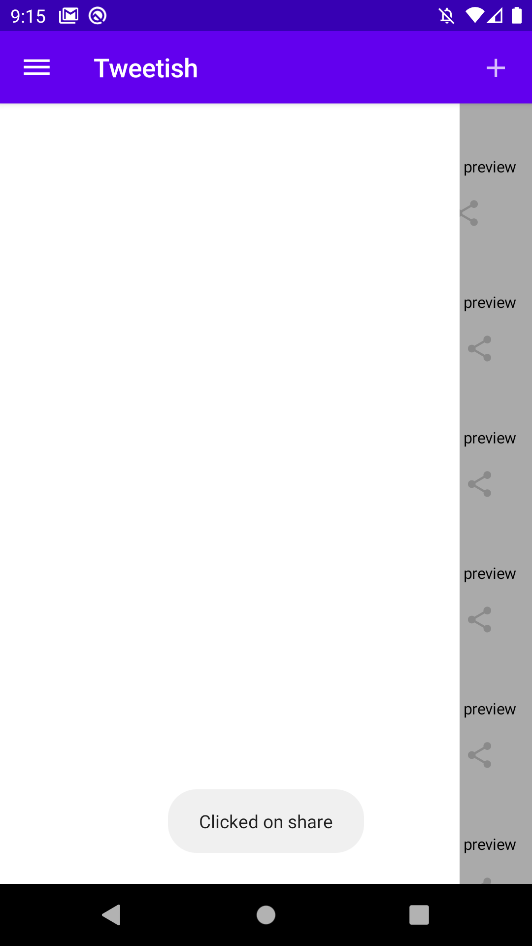 Emulator screenshot showing the screen content is still clickable under the navigation drawer.