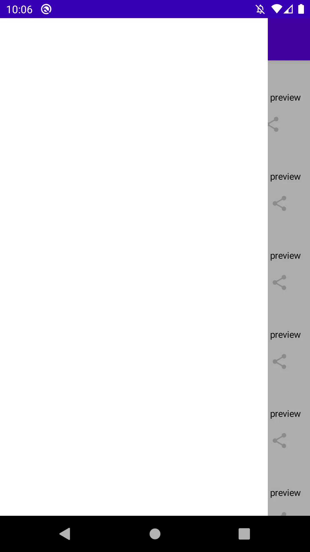 Emulator screenshot showing the drawer drawn above the app bar when using the Scaffold component.