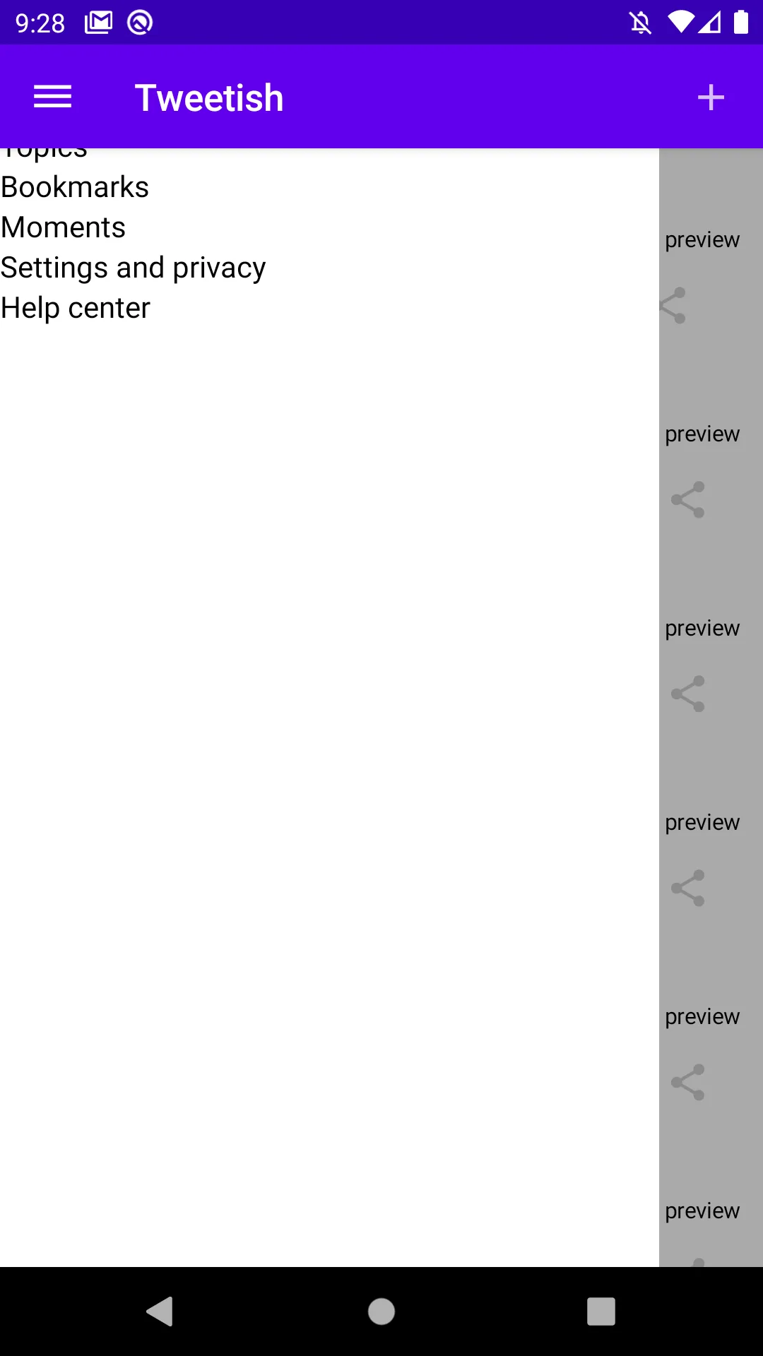Emulator screenshot showing the navigation drawer content being drawn under the app bar.