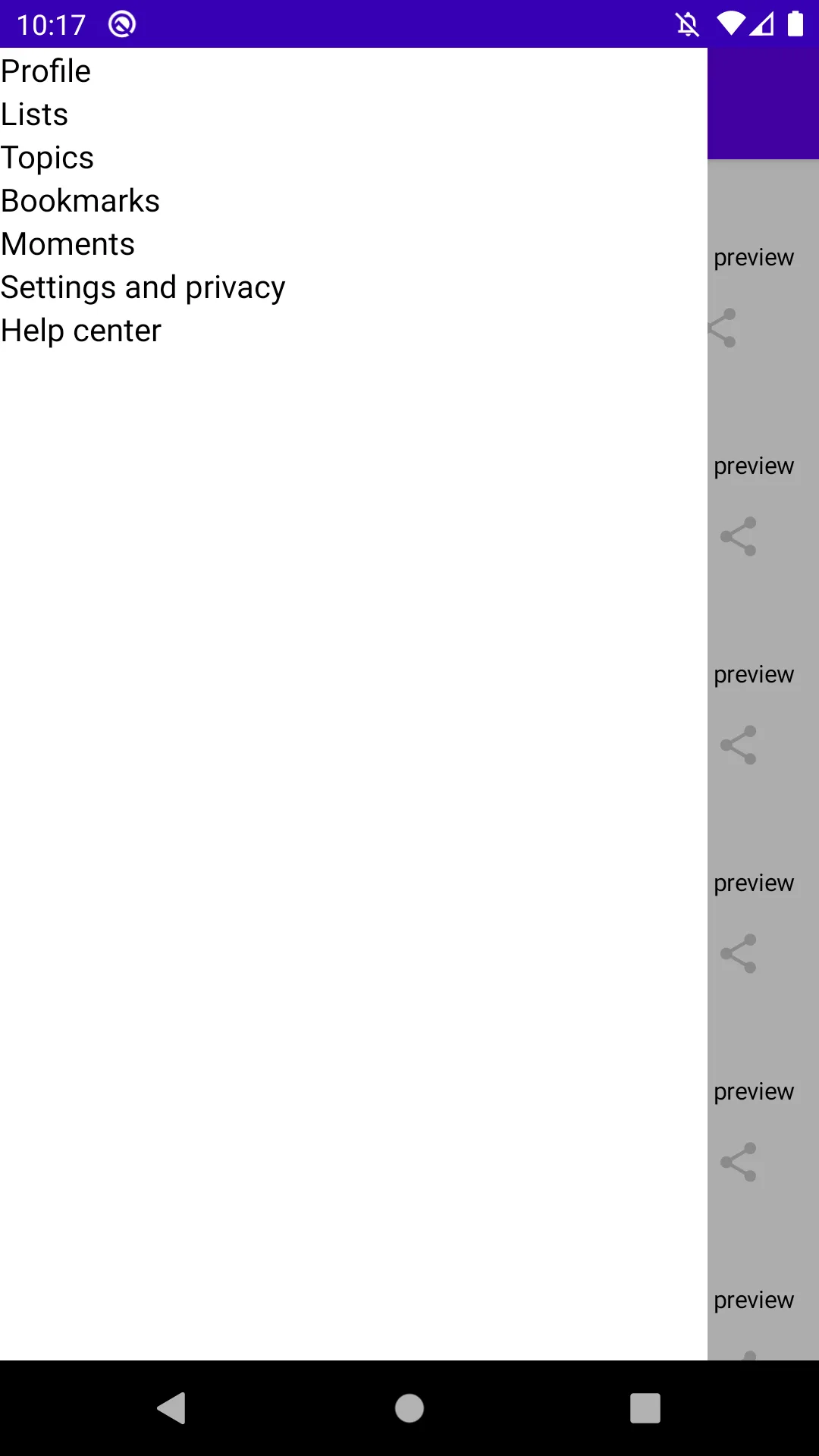 Emulator screenshot showing the drawer contents expanding to fill the size of the drawer.