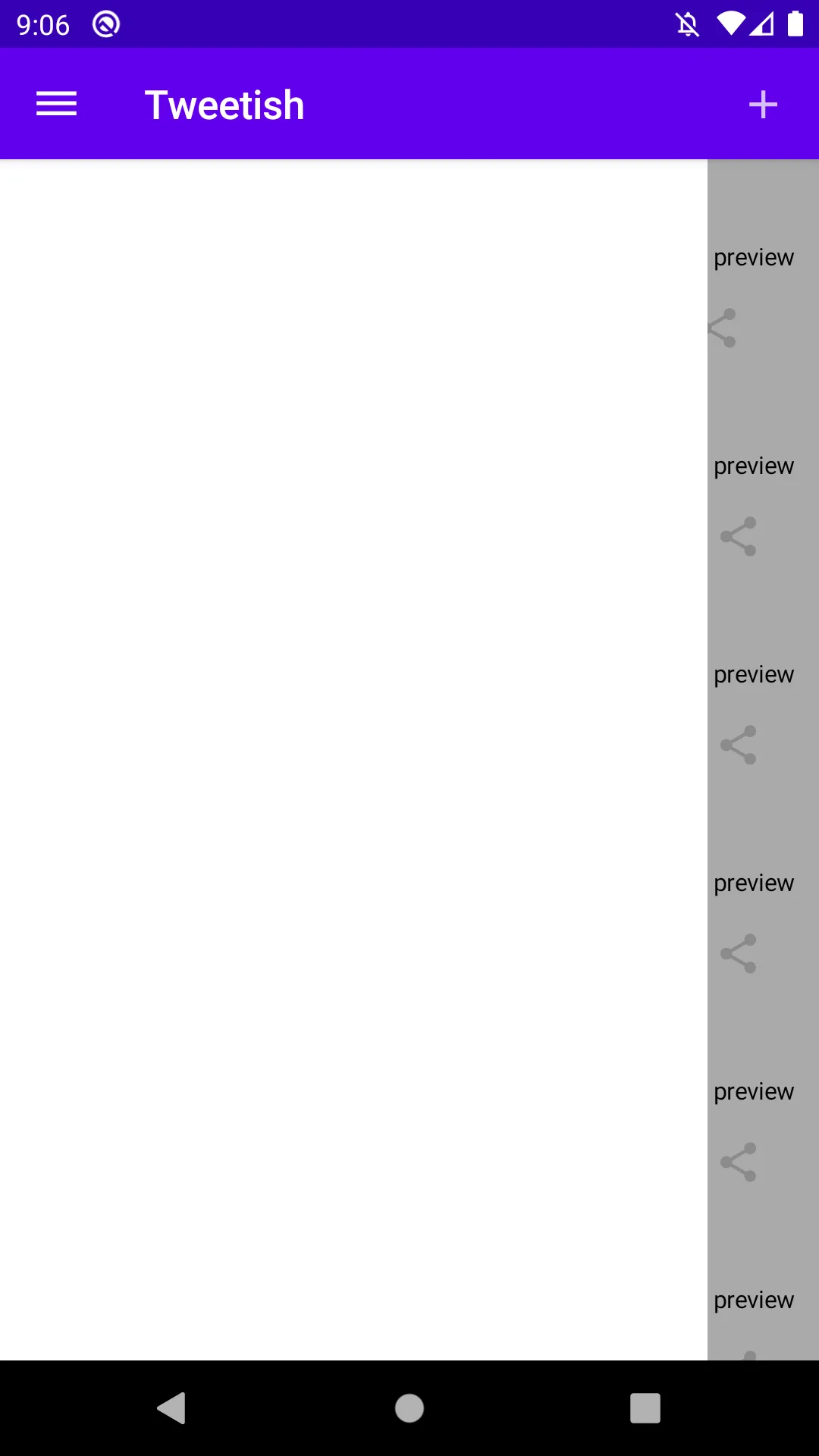 Emulator screenshot showing the navigation drawer drawn under the app bar