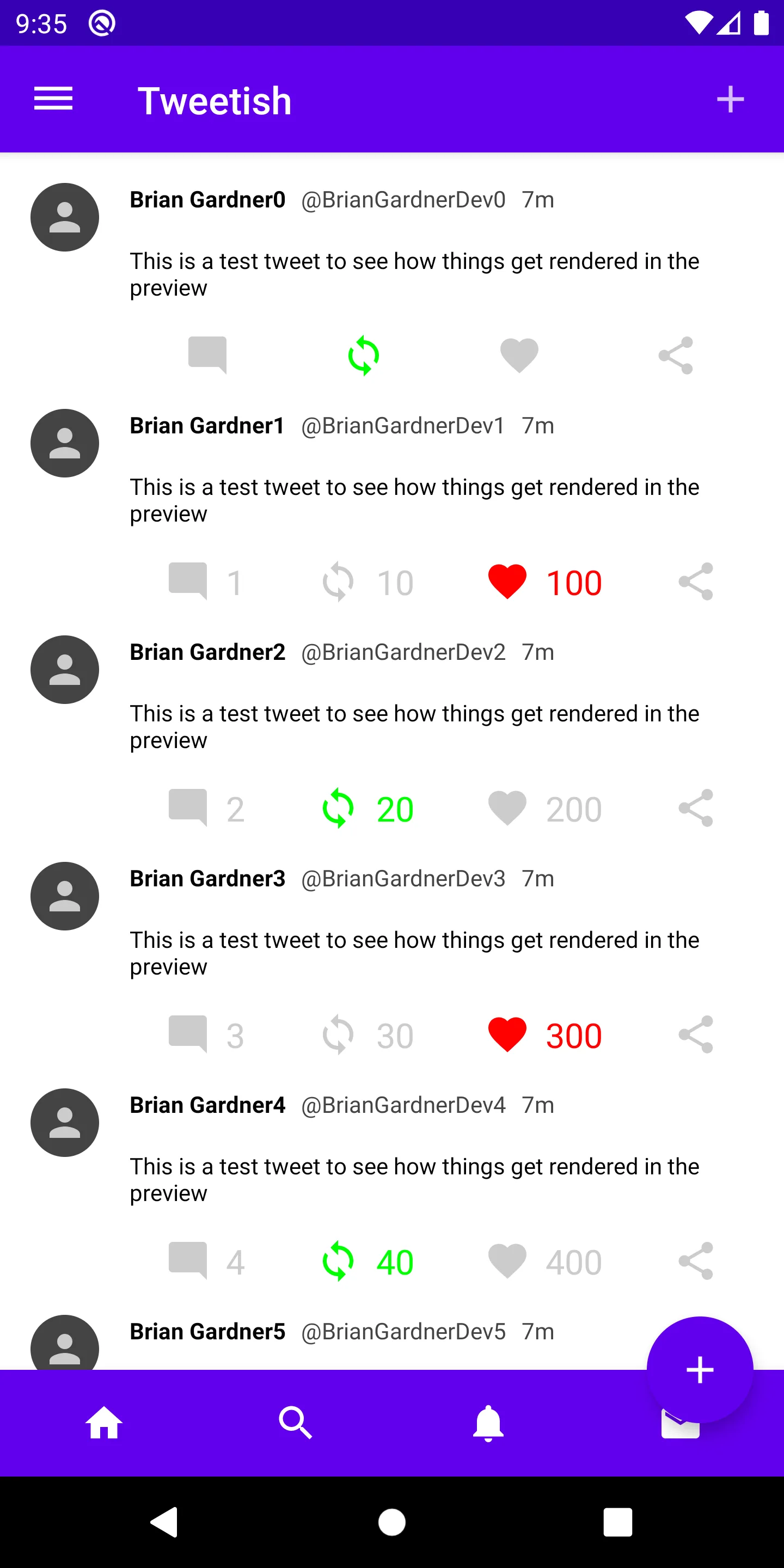 Emulator screenshot showing the floating action button overlapping with the bottom app bar.