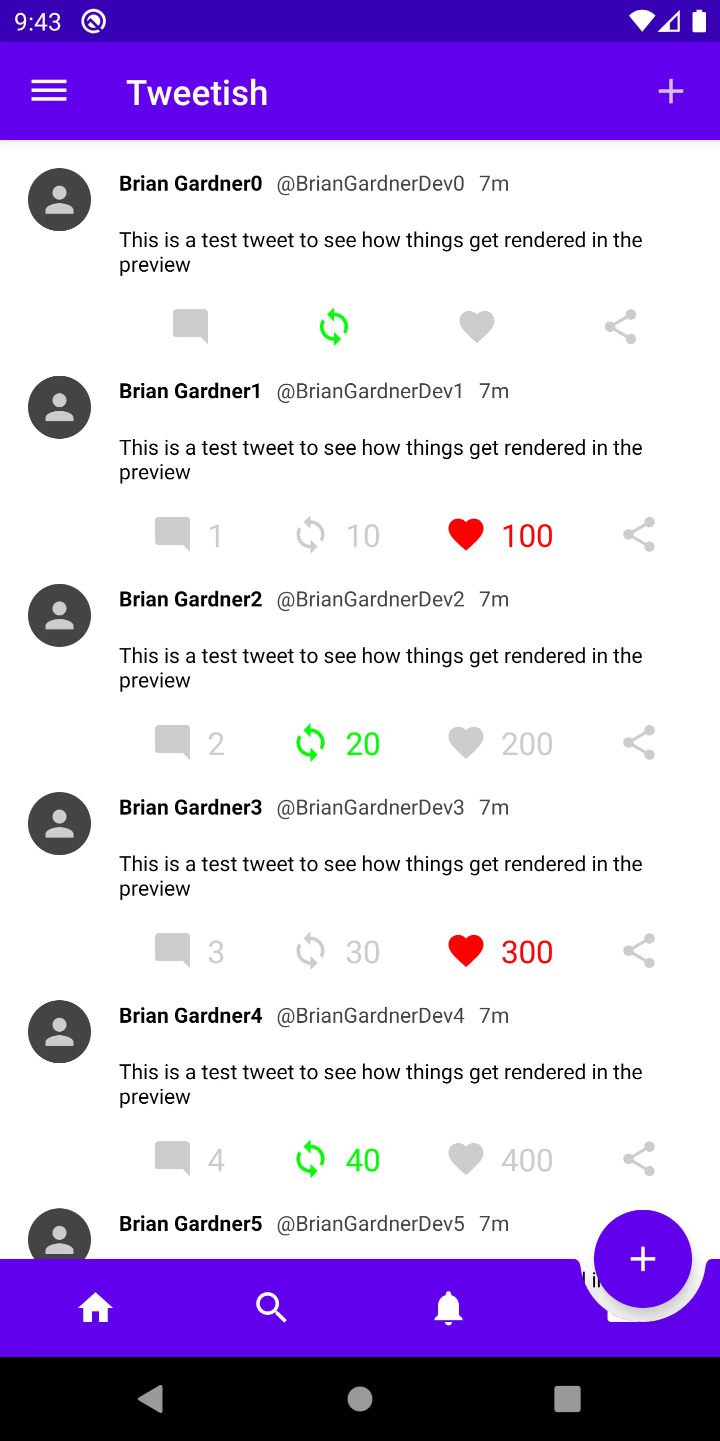 Emulator screenshot showing the floating action button displayed with a cutout in the bottom app bar, but overlapping the contents.