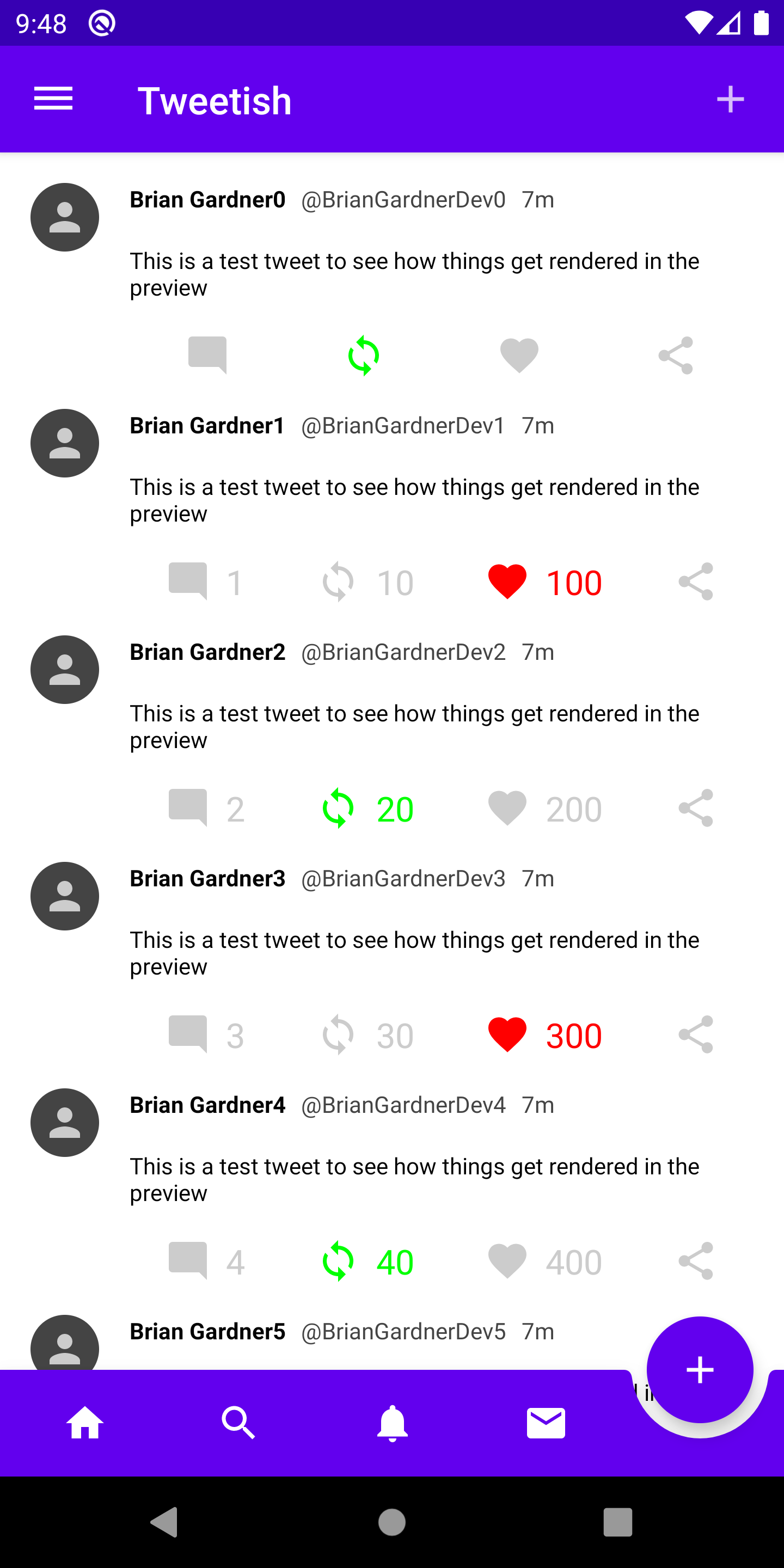 Emulator screenshot showing the floating action button displayed with a cutout in the bottom app bar, but overlapping the contents.