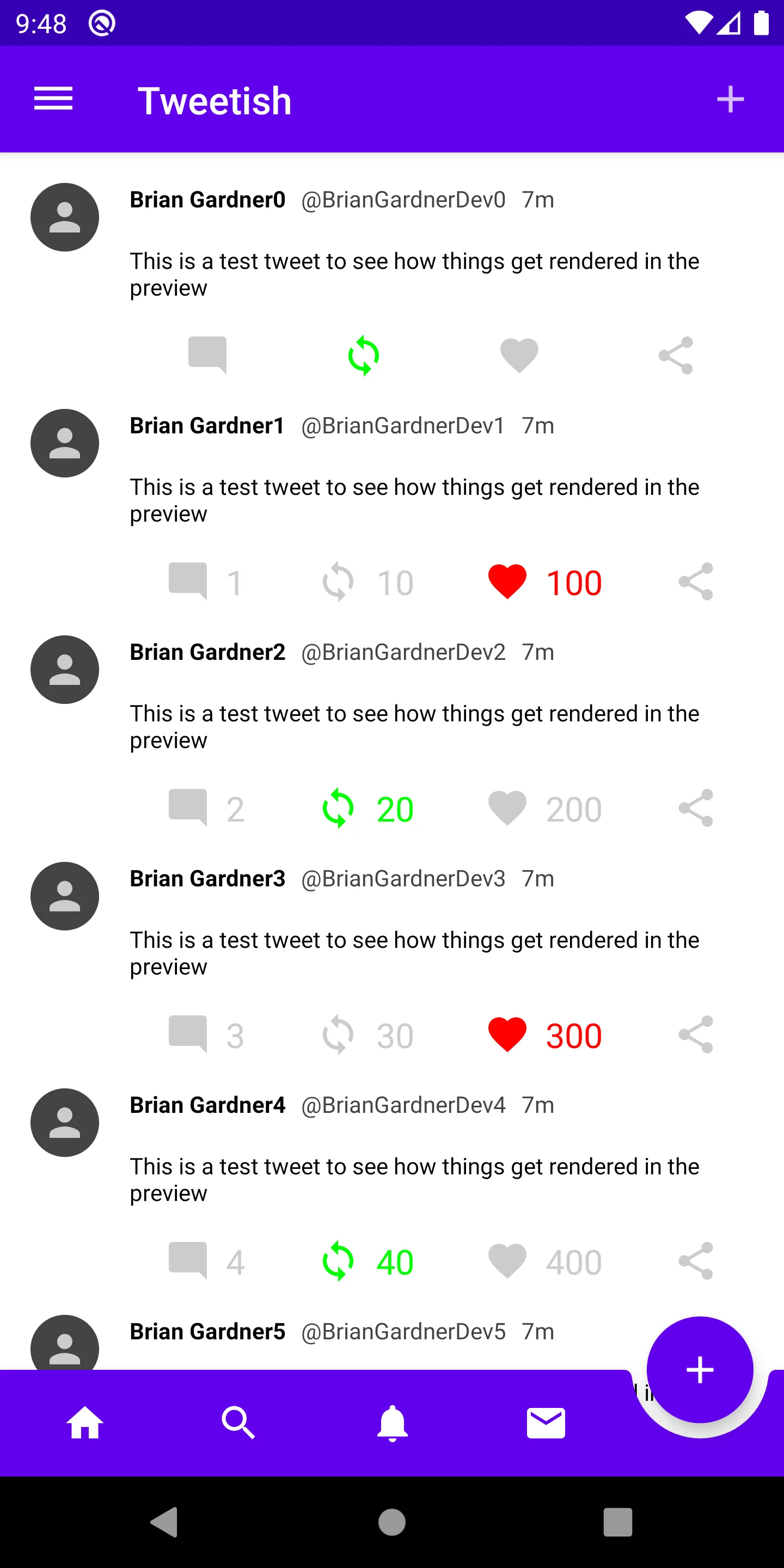 Emulator screenshot showing the floating action button displayed with a cutout in the bottom app bar, but overlapping the contents.