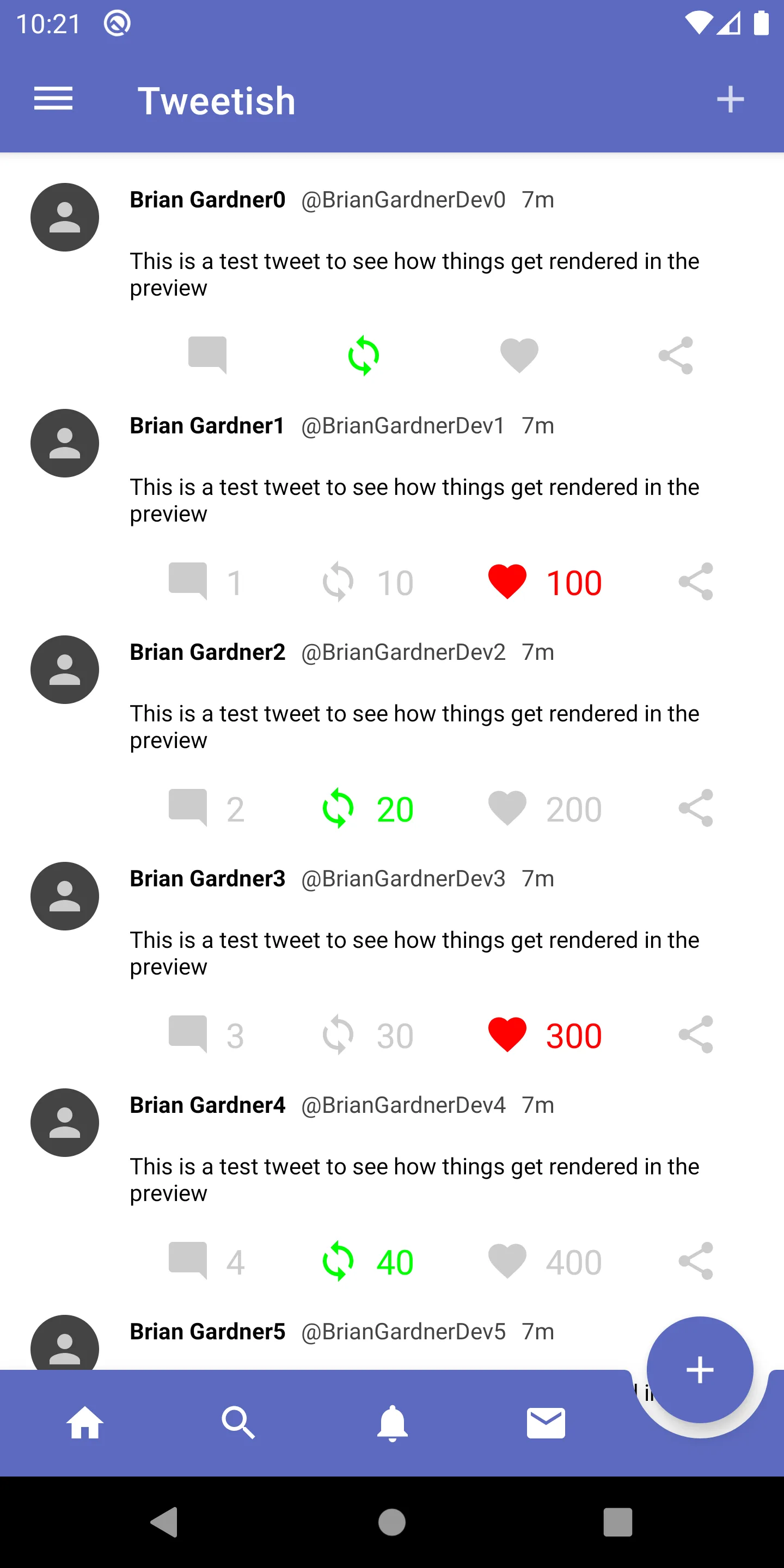 Emulator screenshot showing the floating action button with a new background and content color.