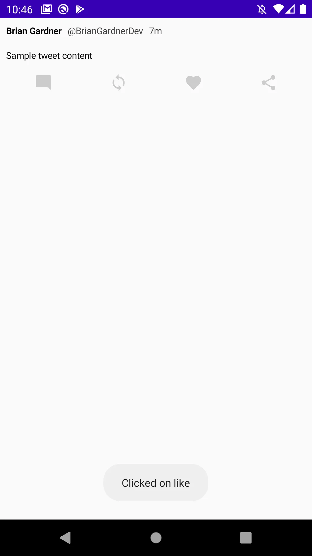 Toast message displayed on an emulator after clicking on the Like action row view