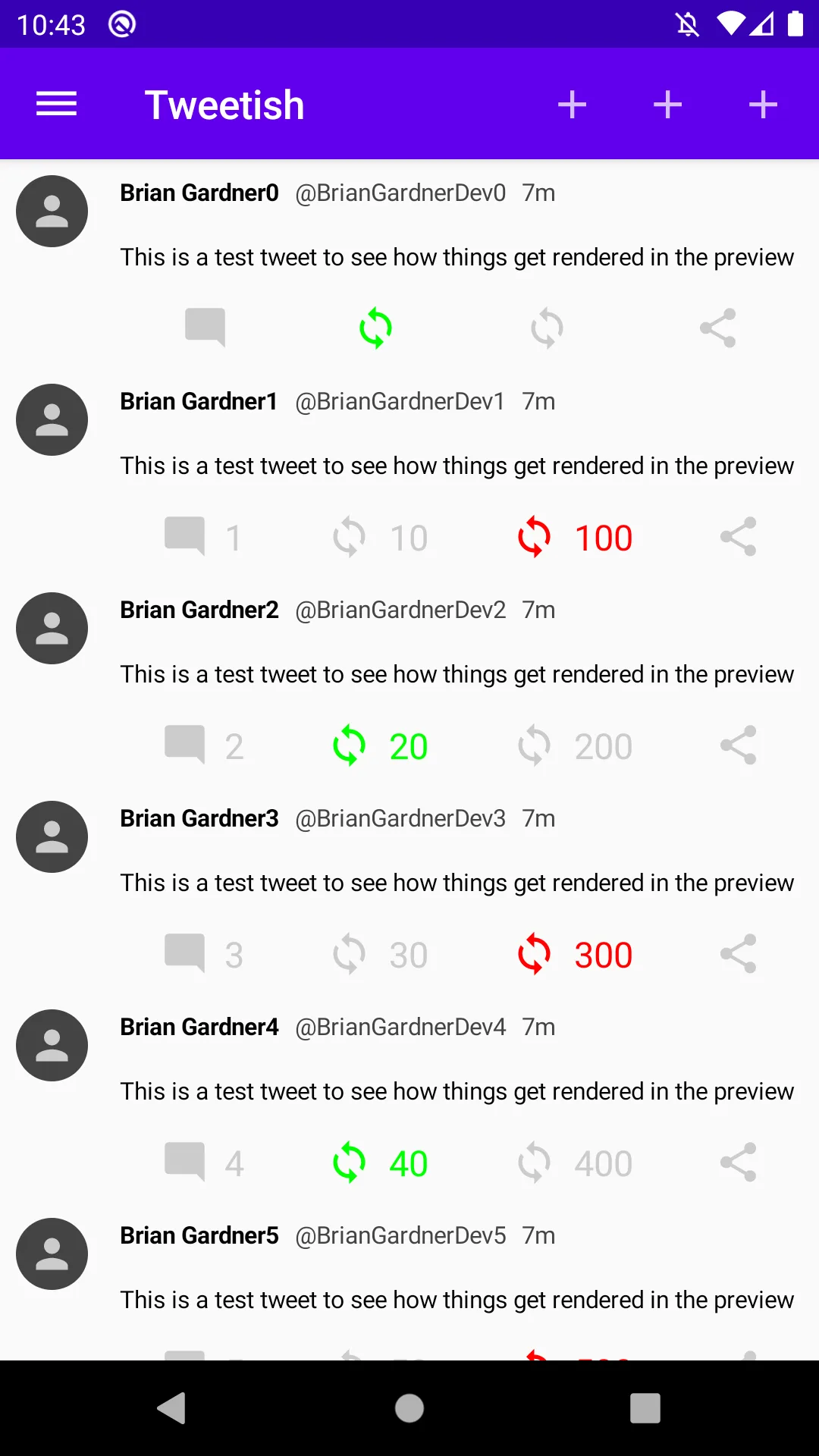 Emulator screenshot showing the app bar with multiple add actions.